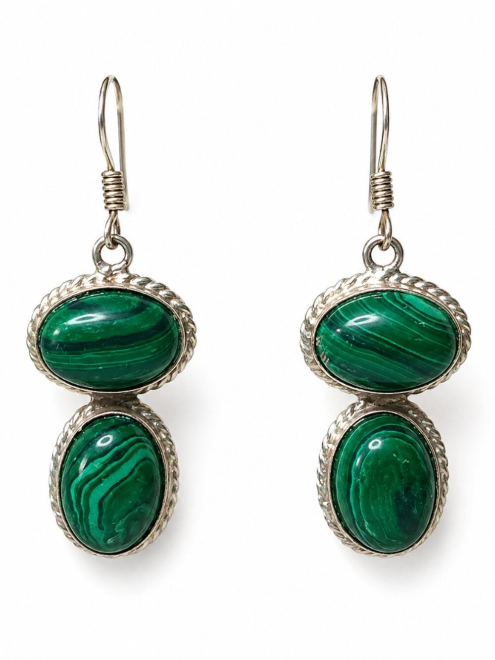 Green Malachite-Look Double Drop Dangle Earrings Silver Tone